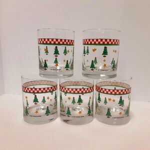 Debbie Mumm 1997 Clear Glass Christmas Trees Checkerboard Trim Anchor Hocking 5